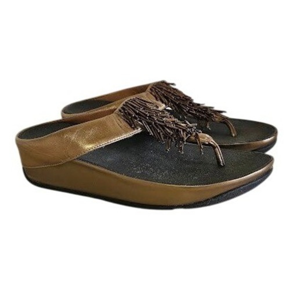FitFlop Rumba Cha Cha Flip Flops Beaded Wedge Platform Sandals Bronze Size 8